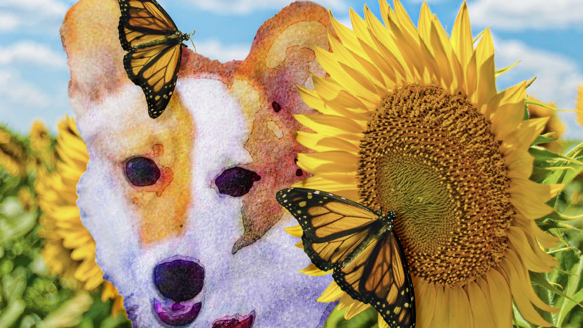 watercolor pup sunflower and butterflies